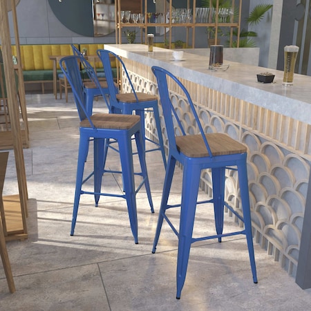 Flash Furniture Blue Metal Barstool with Back and Wood Seat, 30" High, PK4 4-CH-31320-30GB-BL-WD-GG